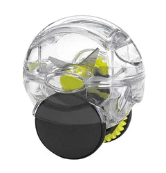 Clear roller garlic chopper with silver blades and black base.