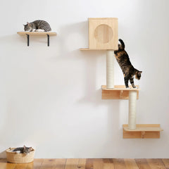 Wall-mounted cat tree with five wooden shelves and scratching posts.