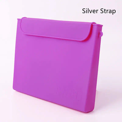 Purple silicone cosmetic organizer with a flap closure and a silver strap.