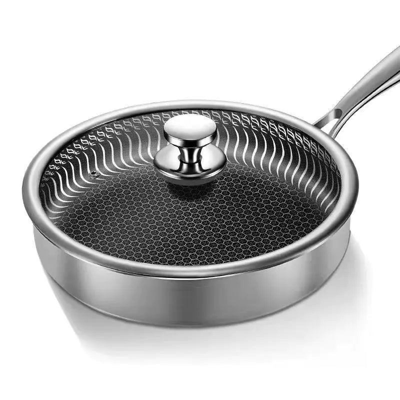 Stainless steel non-stick frying pan with a glass lid.