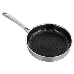 A stainless steel frying pan with a honeycomb non-stick interior.