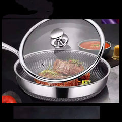 304 stainless steel non-stick frying pan with a glass lid and steak inside.