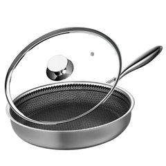 Stainless steel non-stick frying pan with a glass lid.