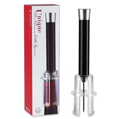 Black pneumatic wine bottle opener with a clear base and silver accents.