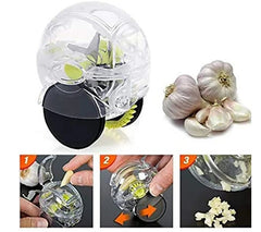 Clear plastic roller garlic chopper with black wheels and green blades.